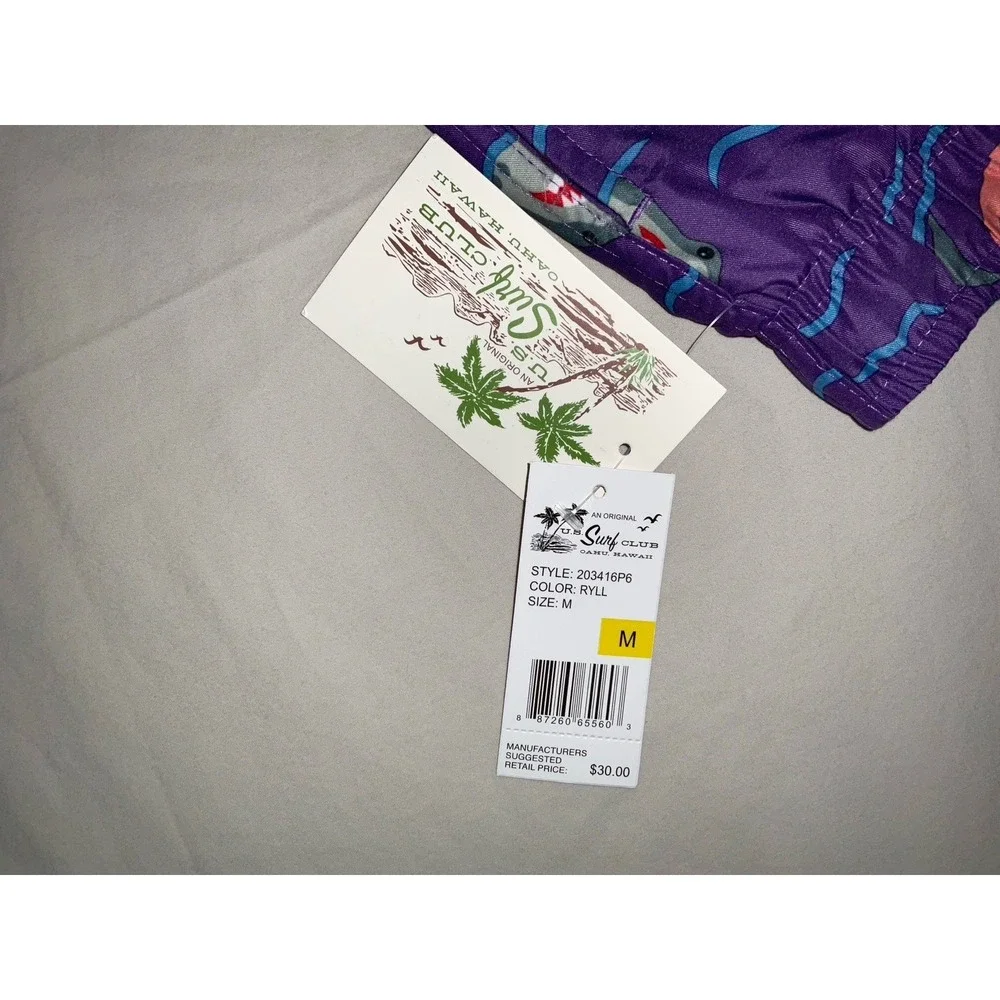 NWT Men's‎ U.S. Surf Club Oahu, Hawaii Shark Donut Floaty Purple Swim Trunks - M
